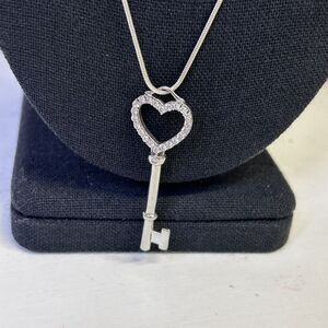 925 Sterling Silver Signed CIJ White CZ Skeleton Key & Heart Pendant w/ Necklace